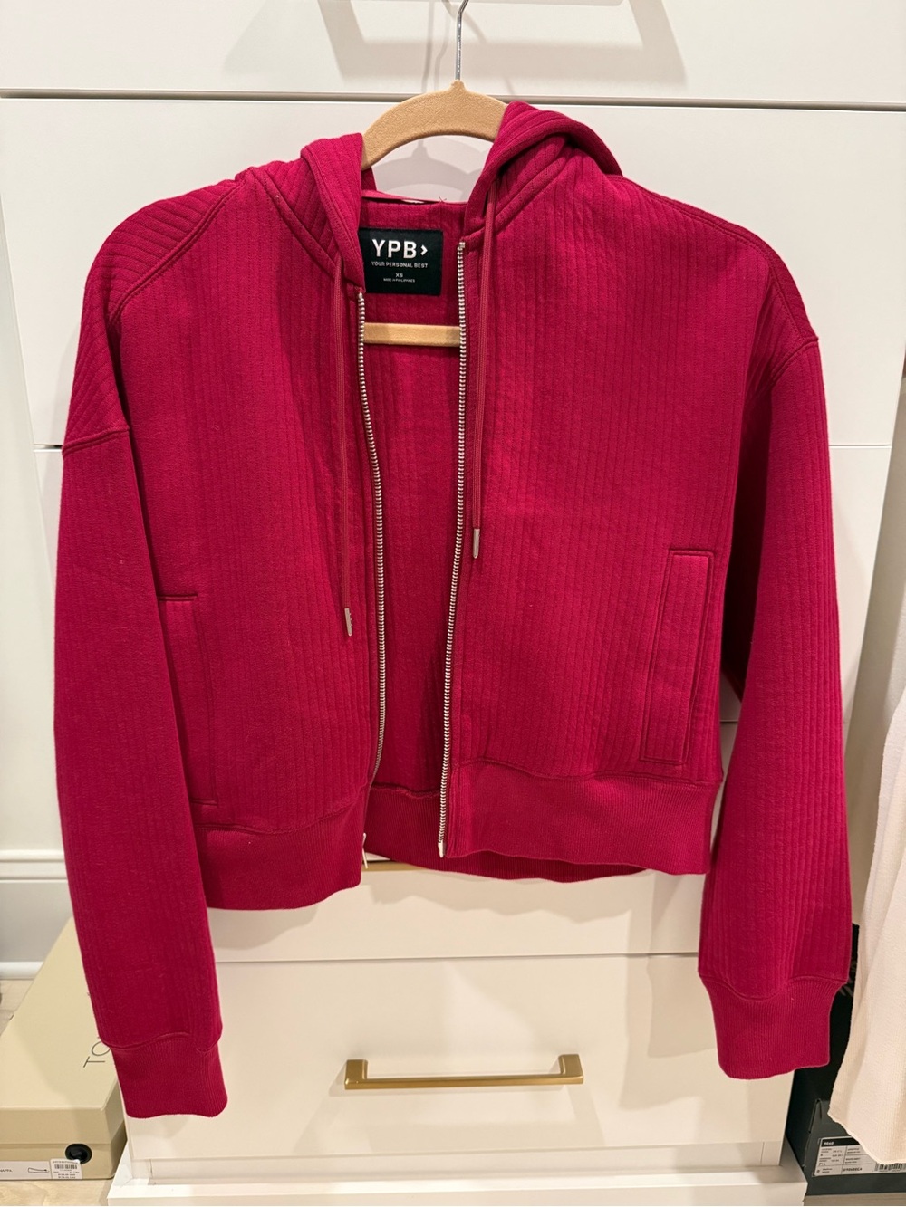 Abercrombie YPB Ribbed Zip-Up Hoodie Cropped Fit Jacket - Raspberry